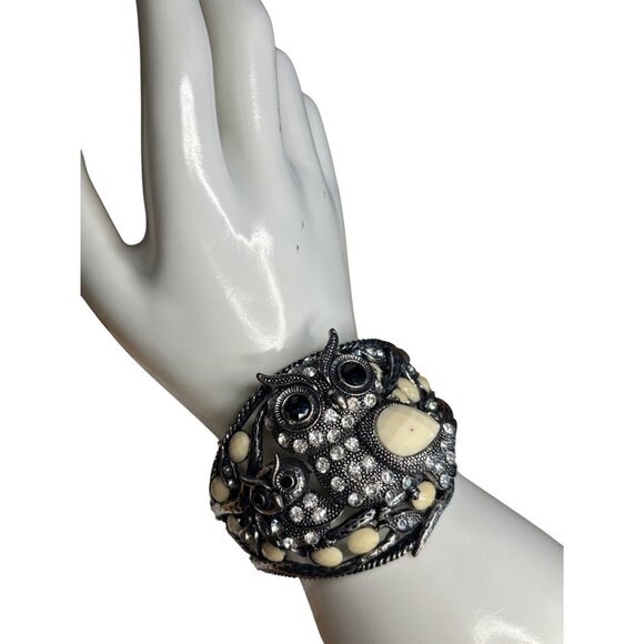 Vintage Silver-Tone Owl Cuff Bracelet With Rhinestones & Ivory Accents - Stateme - Picture 1 of 13
